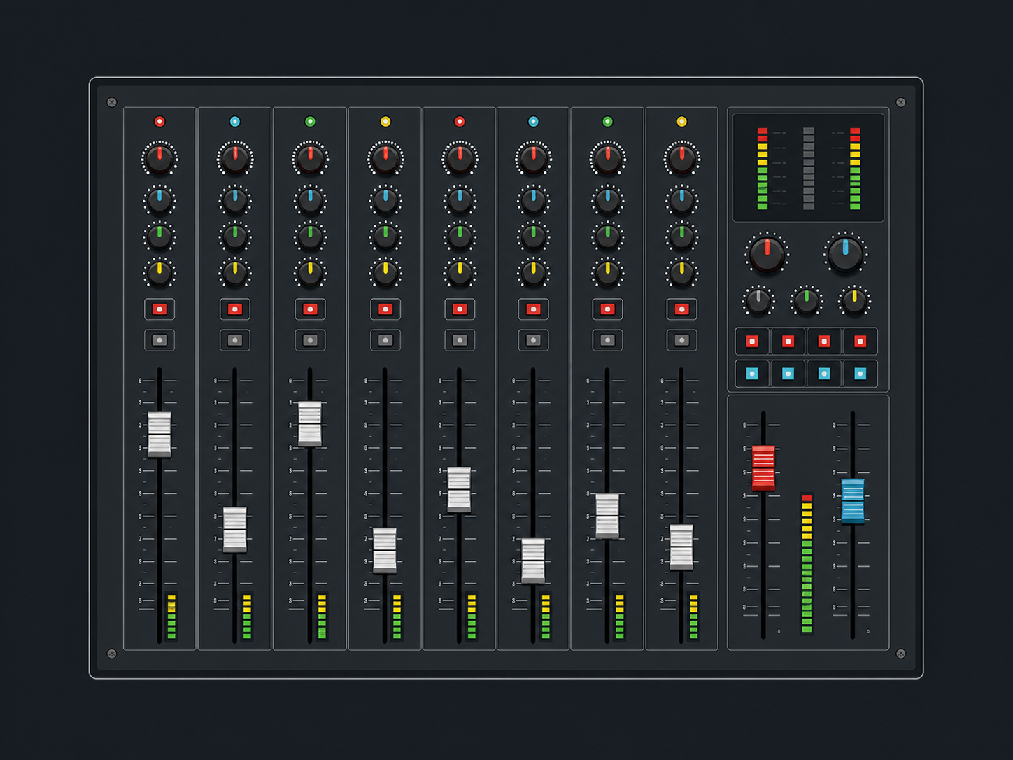 Схема панели микшера с фейдерами и индикаторами сверху